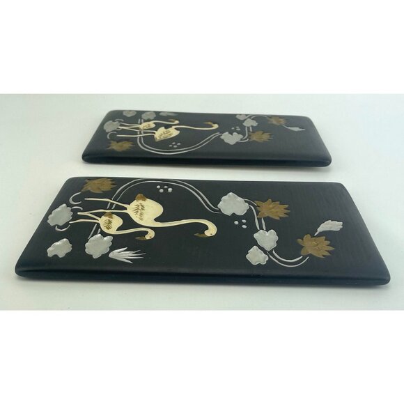 Vintage 60s chalkware, pair of flamingo plaques, black, gold, silver, GC Japan - Picture 8 of 10